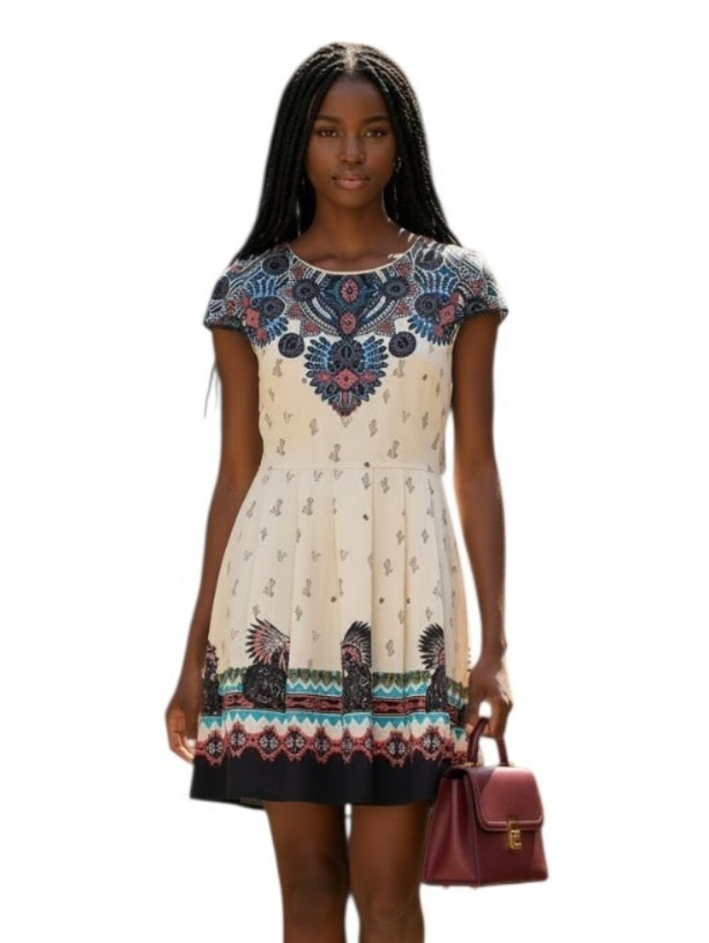 Multicoloured Tribal Print Pleated Mini Dress Black Lace Cap Sleeve size medium